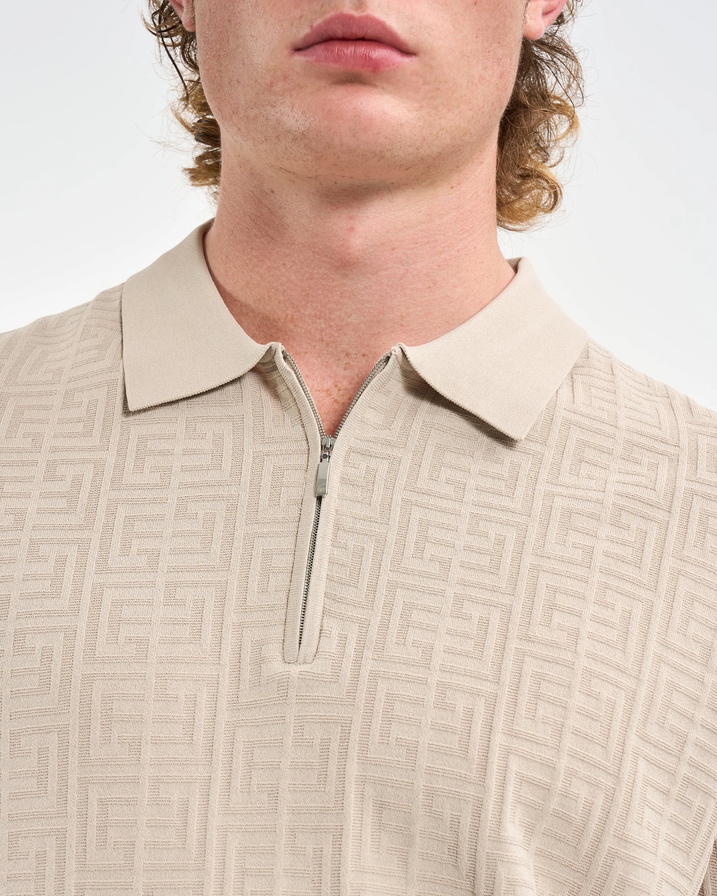 Stone-Hued Geometric Knit Quarter-Zip