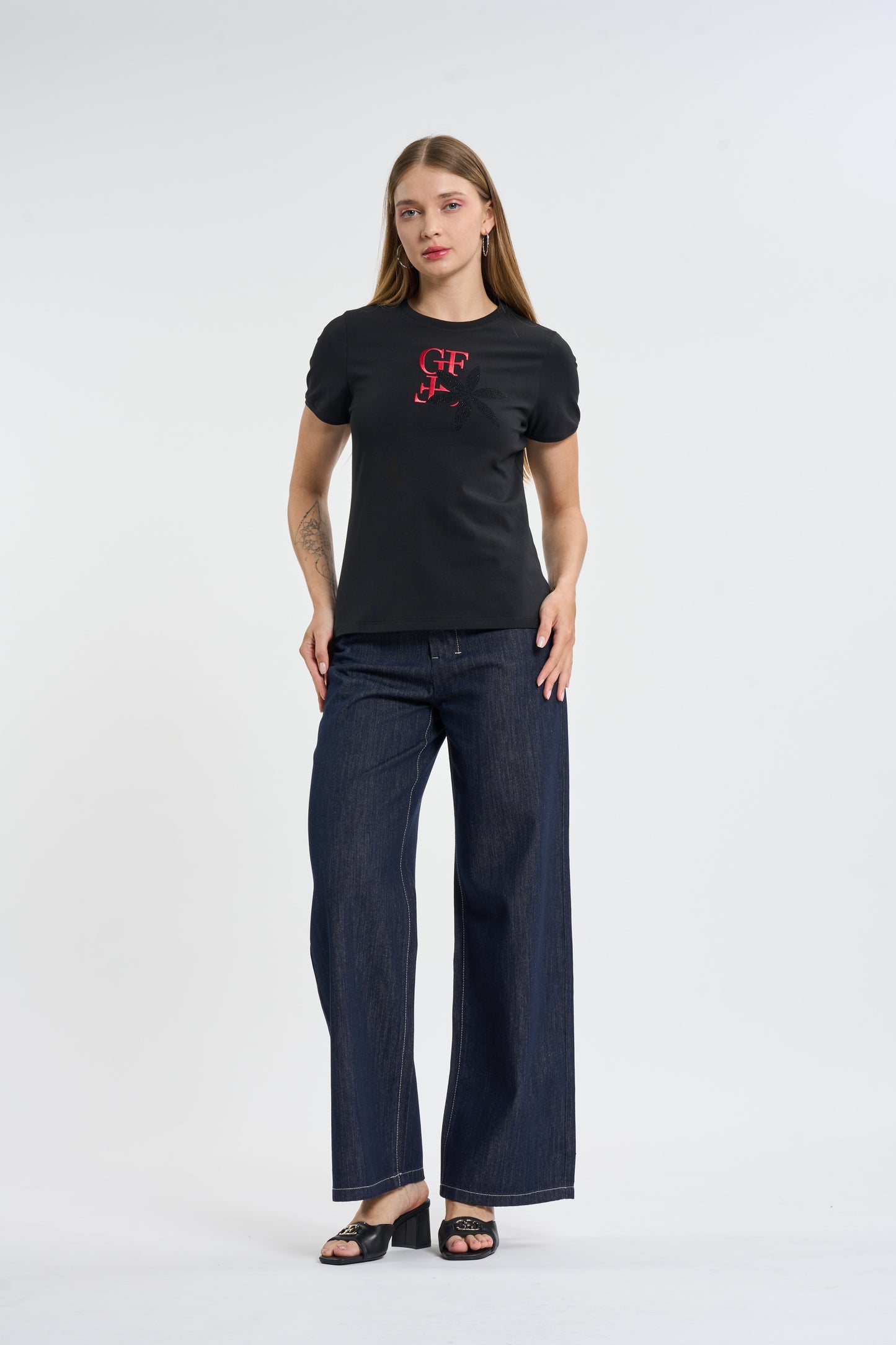Black Embroidered Logo & Rhinestone T-Shirt