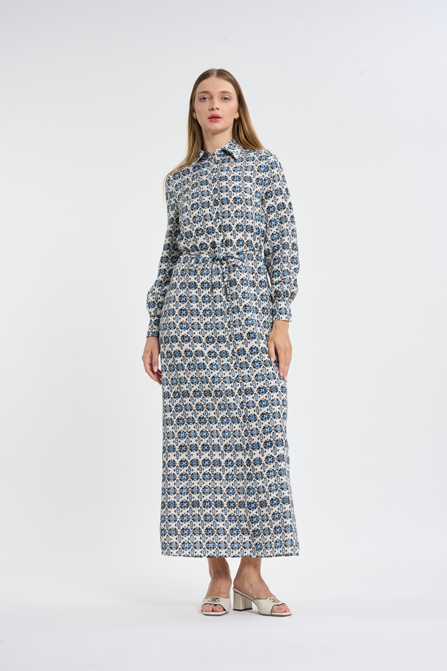 Mosaic Print Long-Sleeve Maxi Shirtdress