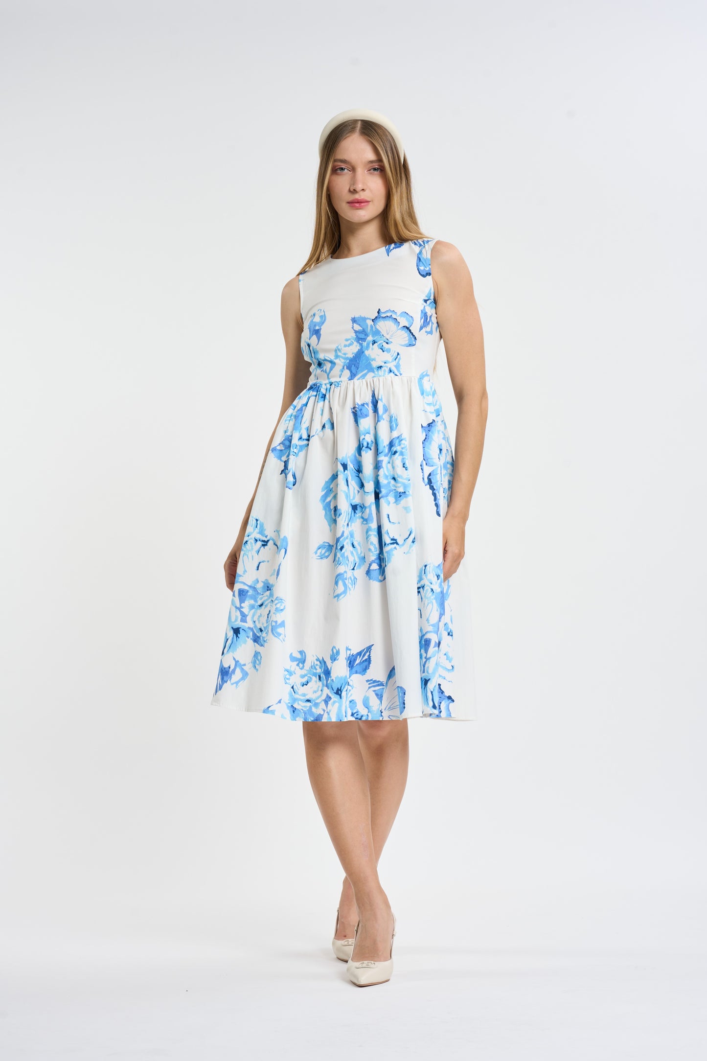 Blue Floral Sleeveless A-Line Dress