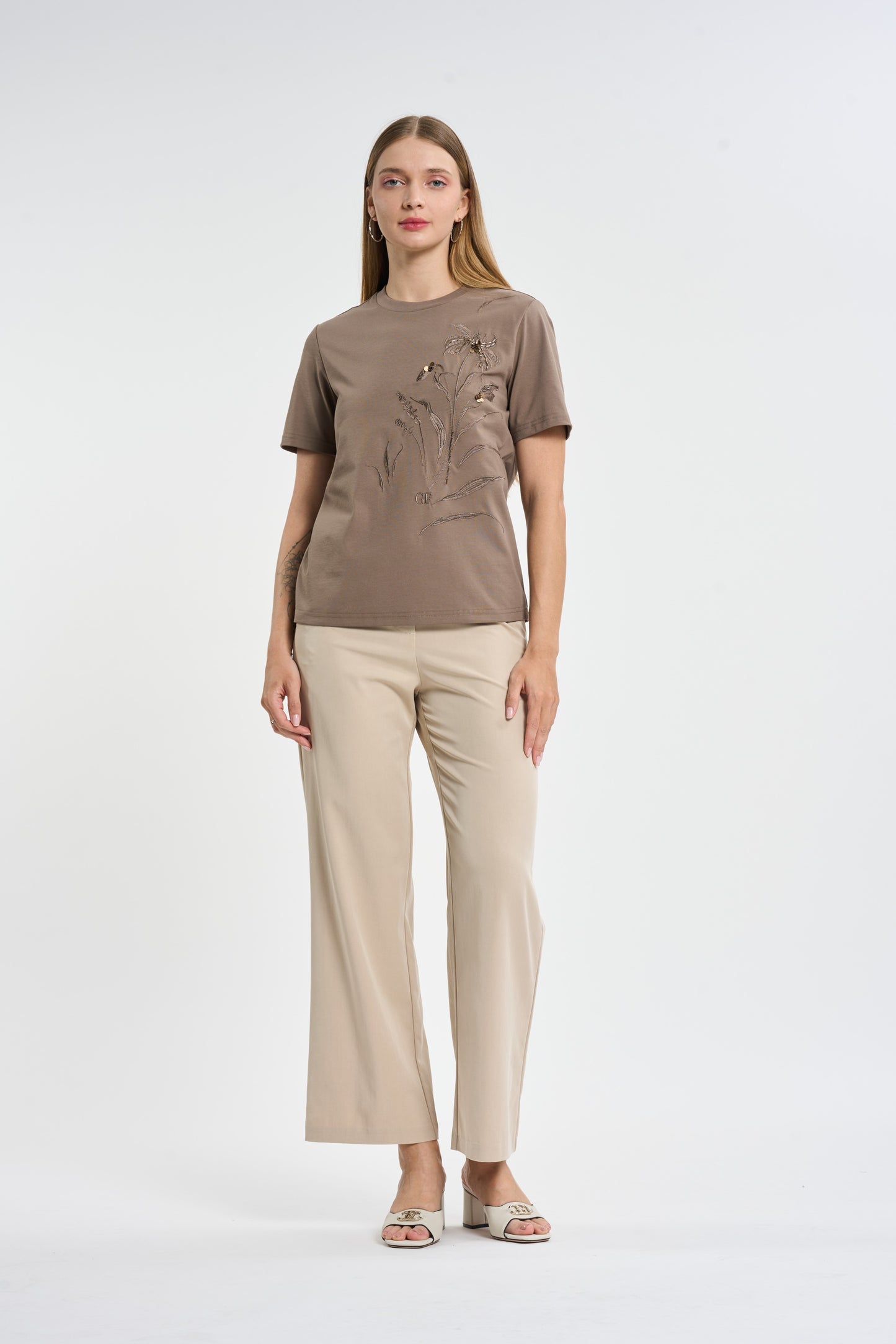 Taupe Embroidered Floral & Sequin T-Shirt