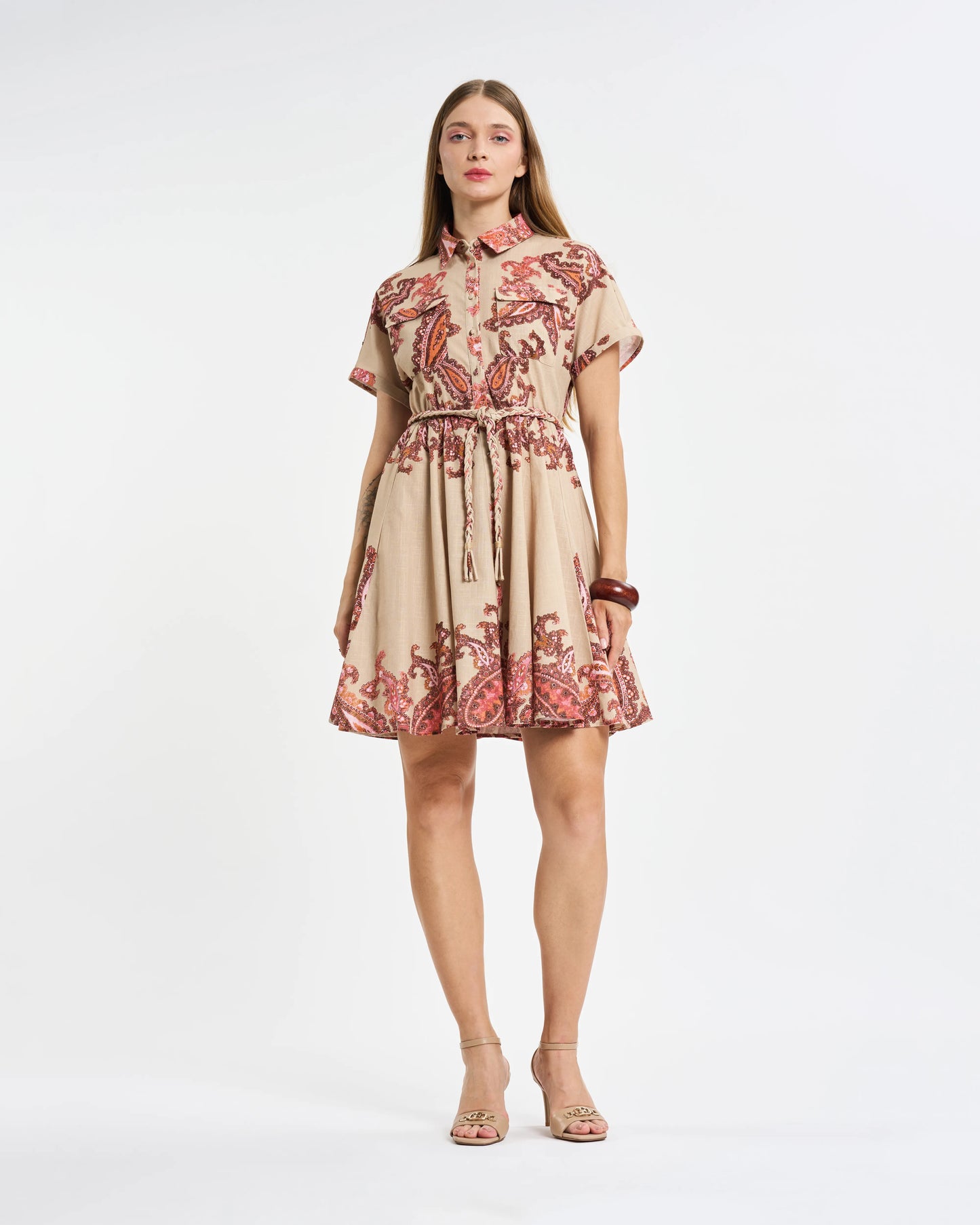 Beige Paisley Short-Sleeve Shirtdress