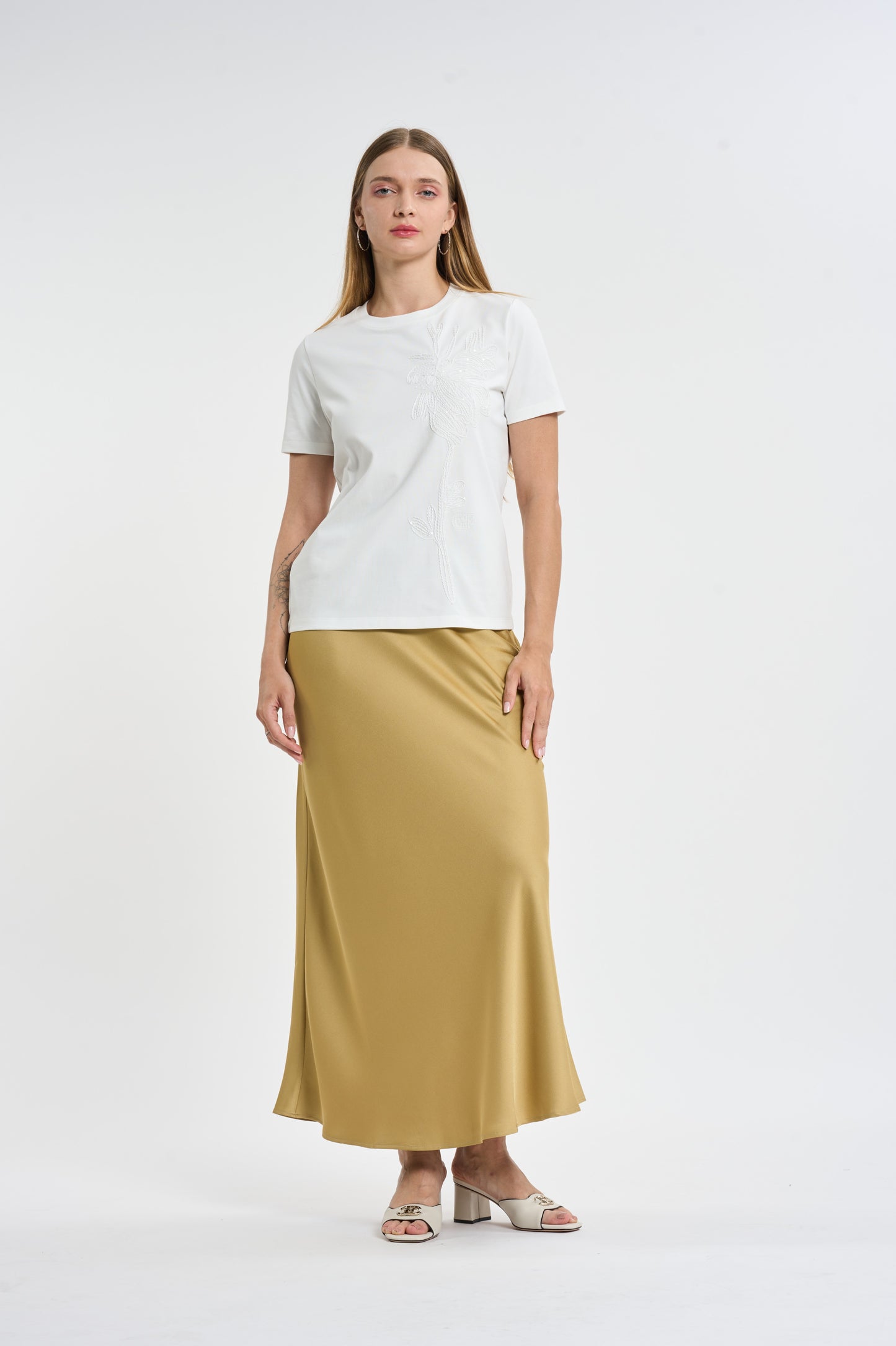 Off-White Tonal Floral & Sequin Embroidered T-Shirt