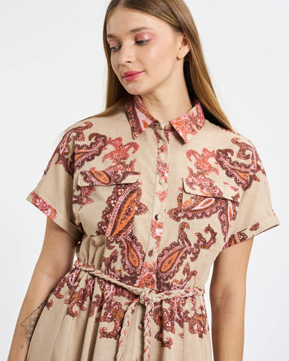Beige Paisley Short-Sleeve Shirtdress