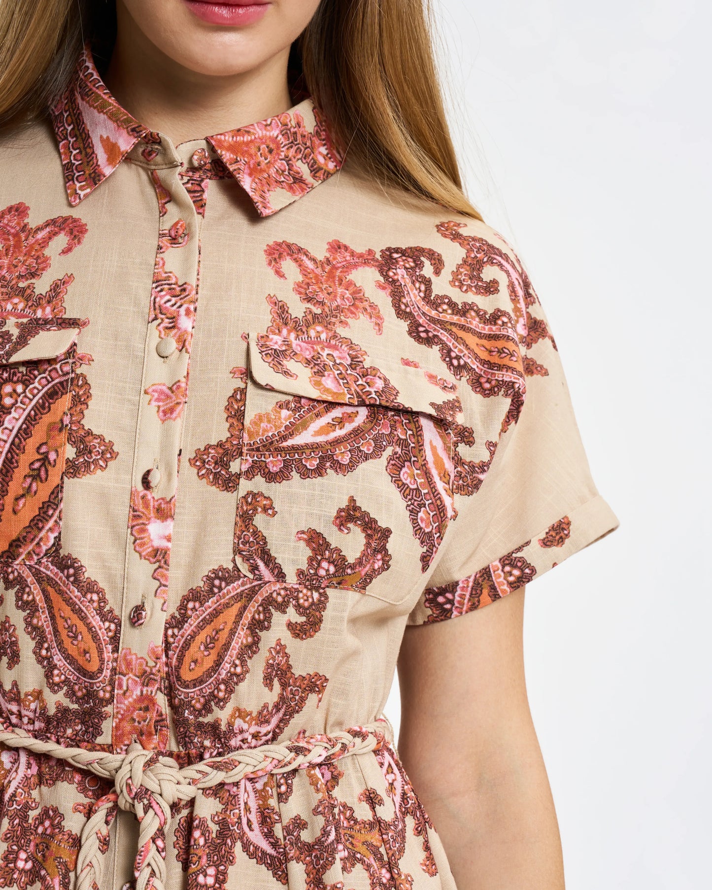 Beige Paisley Short-Sleeve Shirtdress