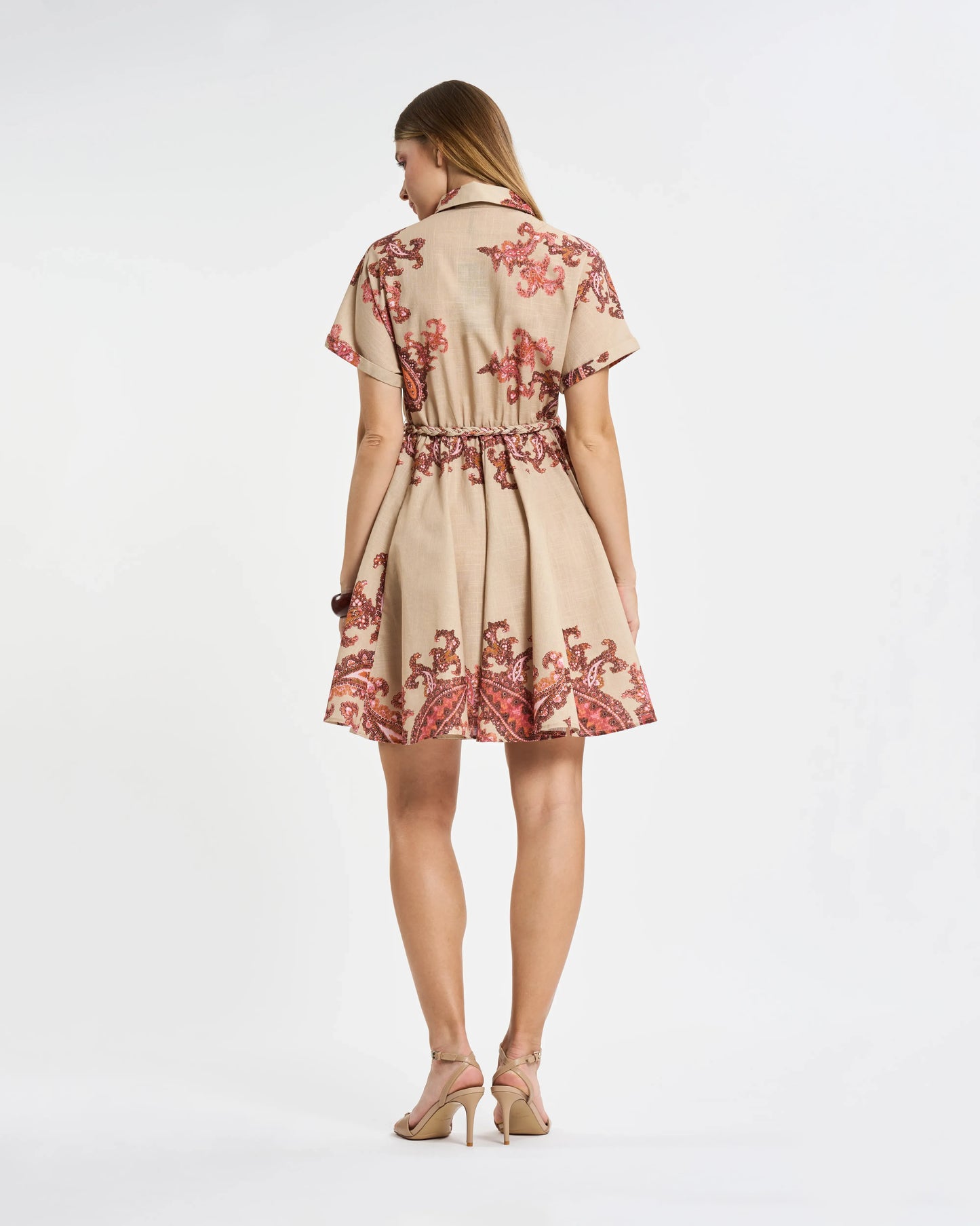 Beige Paisley Short-Sleeve Shirtdress