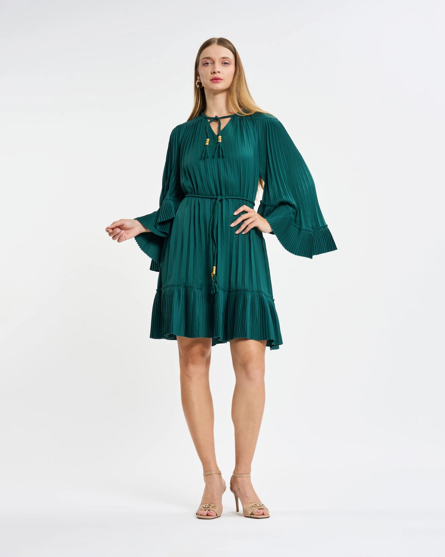 Emerald Green Pleated Tassel-Tie Mini Dress