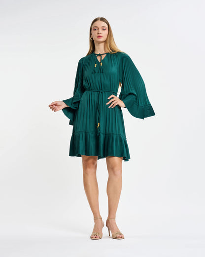 Emerald Green Pleated Tassel-Tie Mini Dress