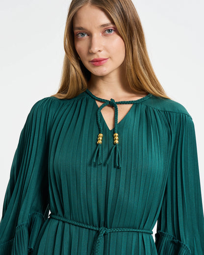 Emerald Green Pleated Tassel-Tie Mini Dress