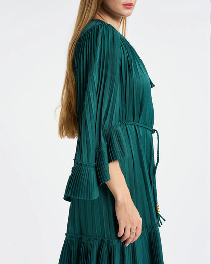Emerald Green Pleated Tassel-Tie Mini Dress