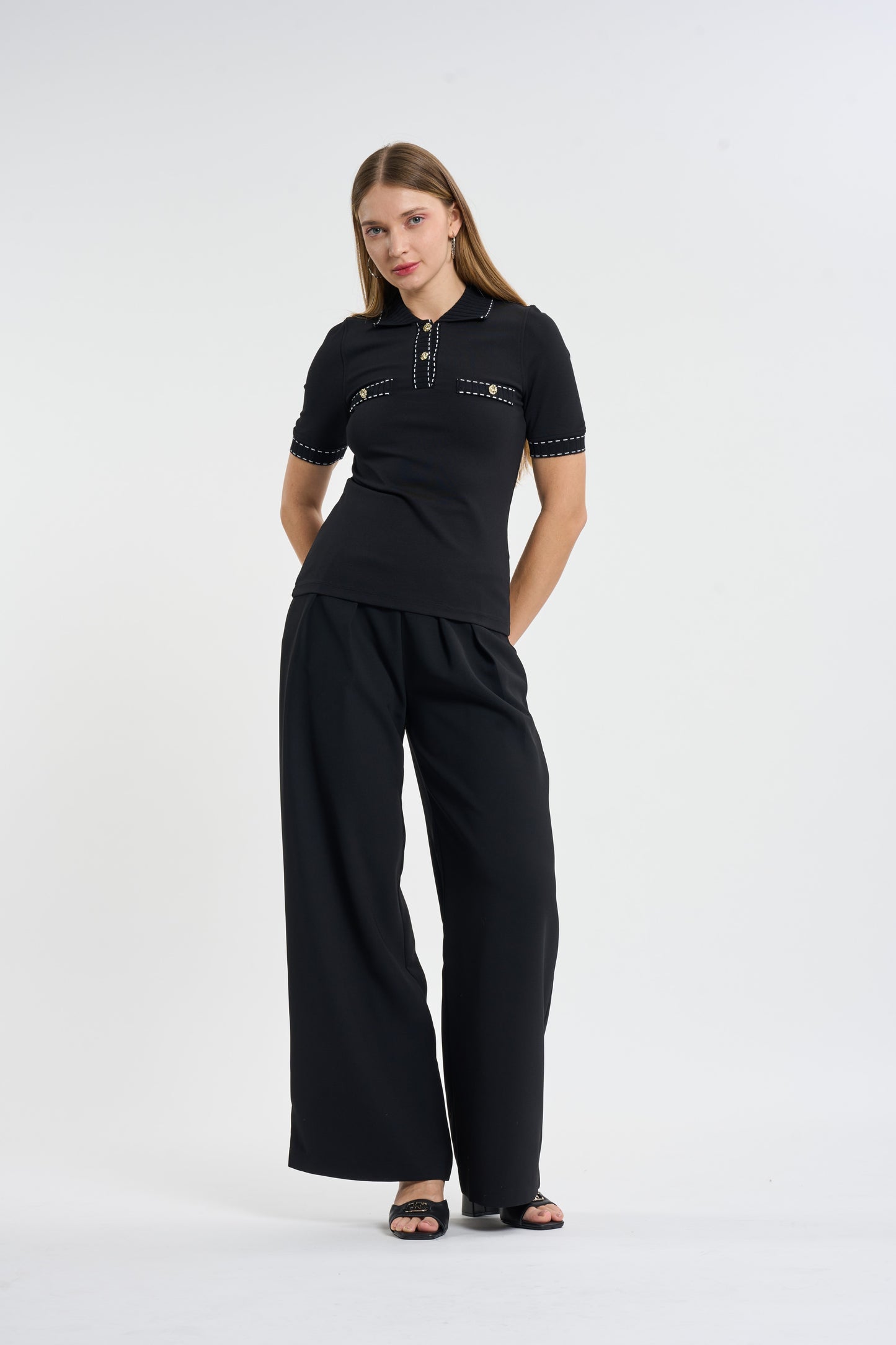 Black Contrast-Trim Knit Polo Shirt