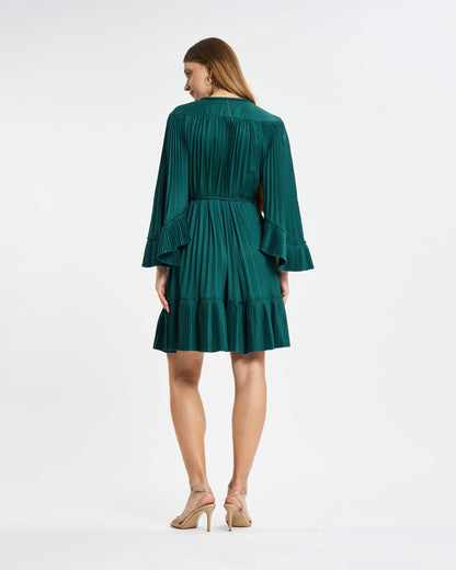 Emerald Green Pleated Tassel-Tie Mini Dress
