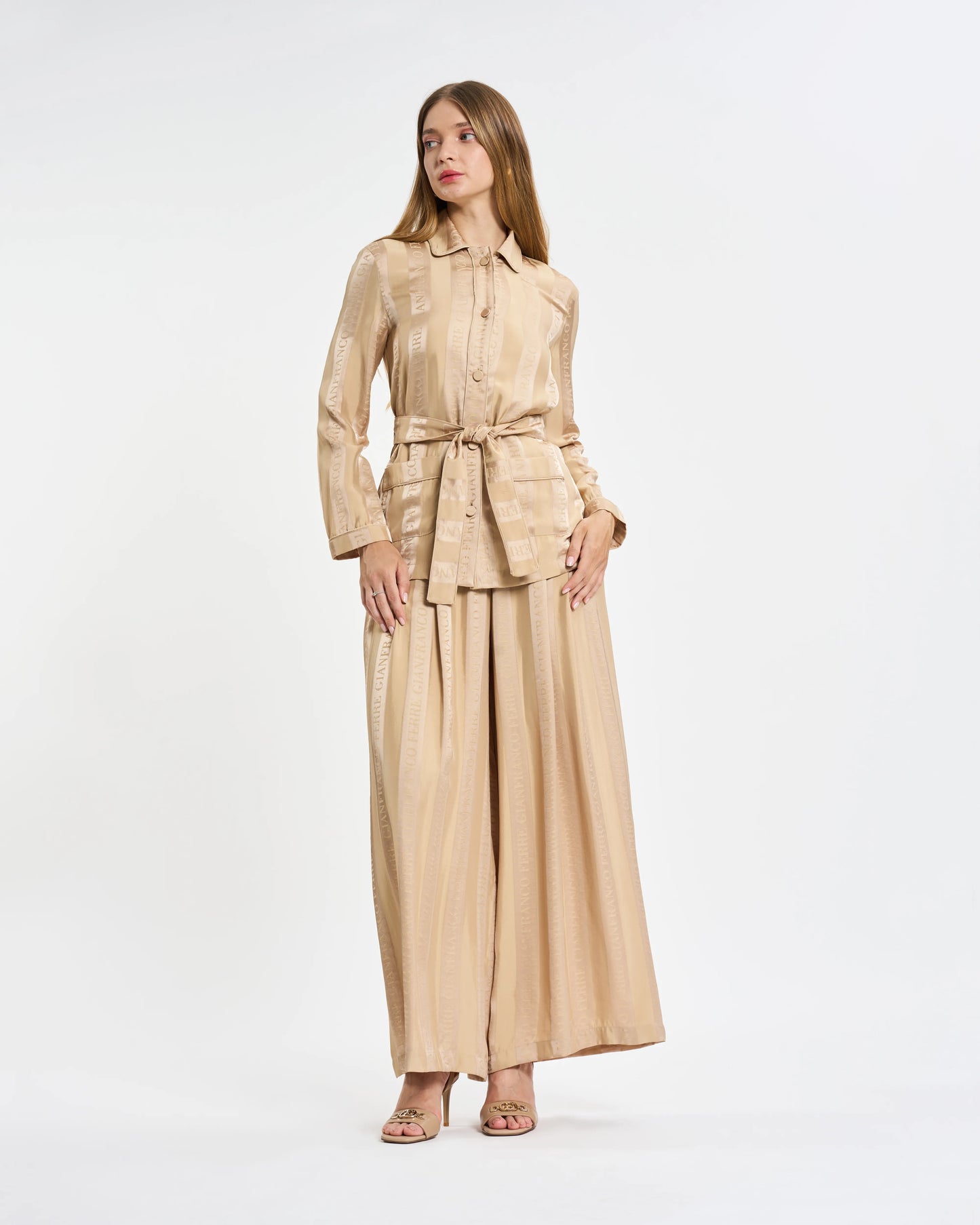 Beige Logo Stripe Belted Two-Piece Set