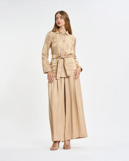 Beige Logo Stripe Belted Two-Piece Set