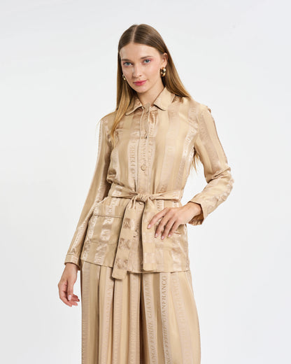 Beige Logo Stripe Belted Two-Piece Set