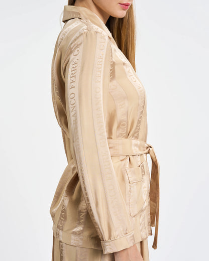 Beige Logo Stripe Belted Two-Piece Set