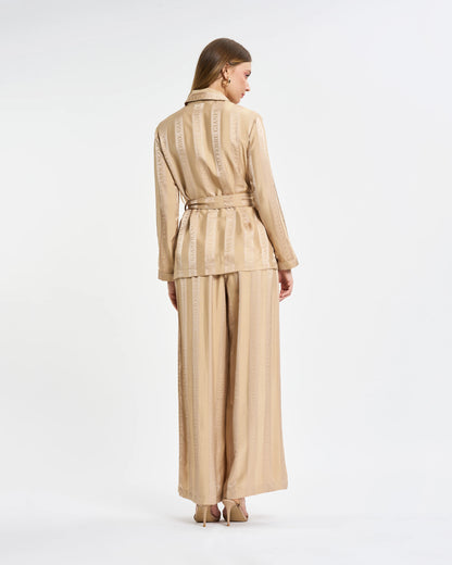 Beige Logo Stripe Belted Two-Piece Set