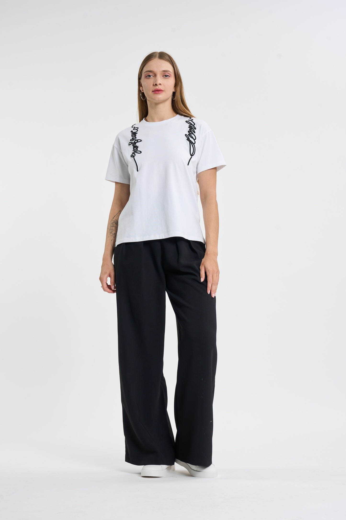 White Cording Embroidered Script T-Shirt