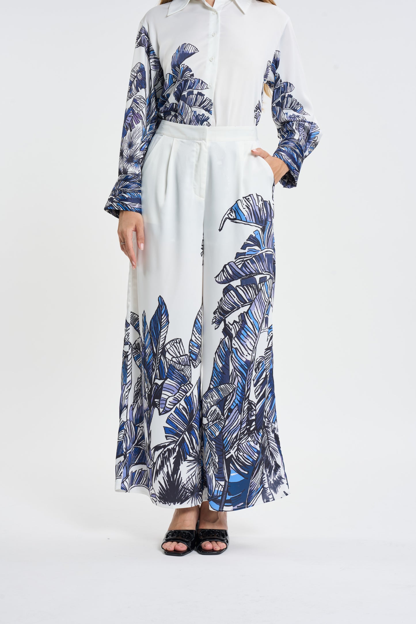 Tropical Palm Print Wide-Leg Trousers