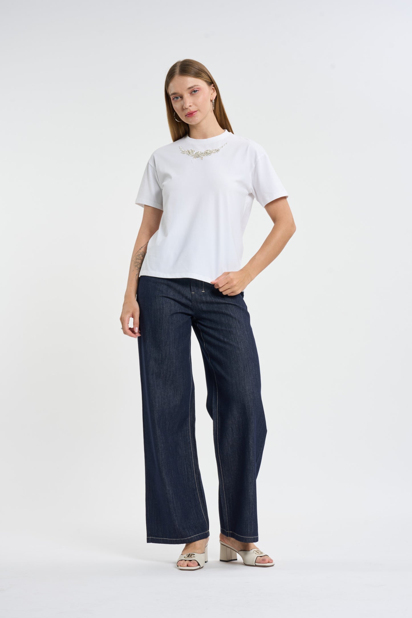 Pearl and Crystal Embellished Neckline T-Shirt