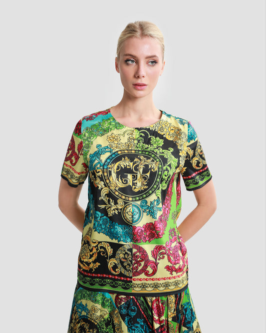 Ornate Color-Block Print Top