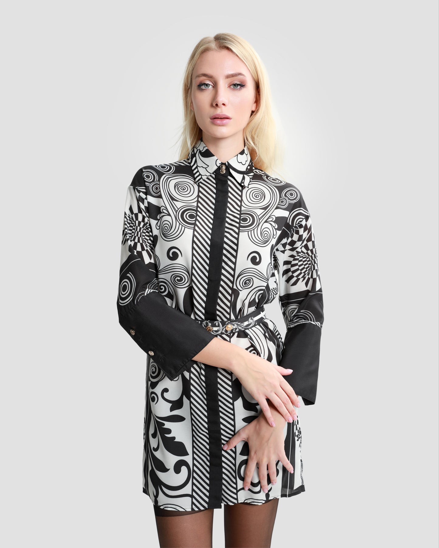 Belted Graphic Printed Shirt Dress