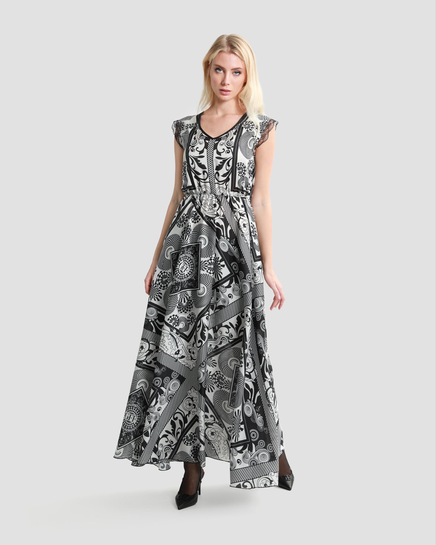 Lace Trimmed Graphic Printed Dress
