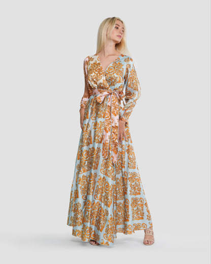 Baroque Motif Wrap-Effect Maxi Dress