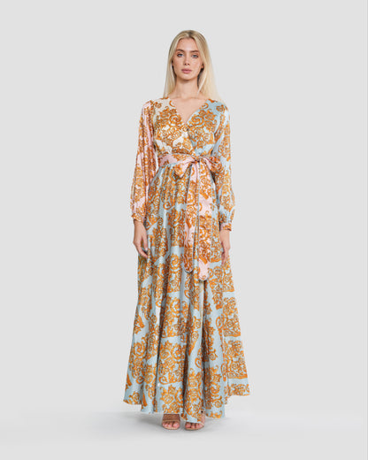 Baroque Motif Wrap-Effect Maxi Dress