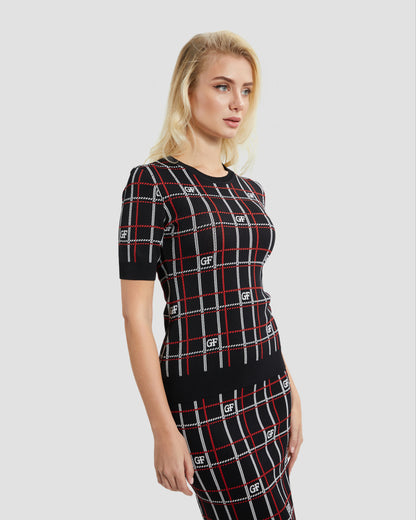 Logo Plaid Knit Top