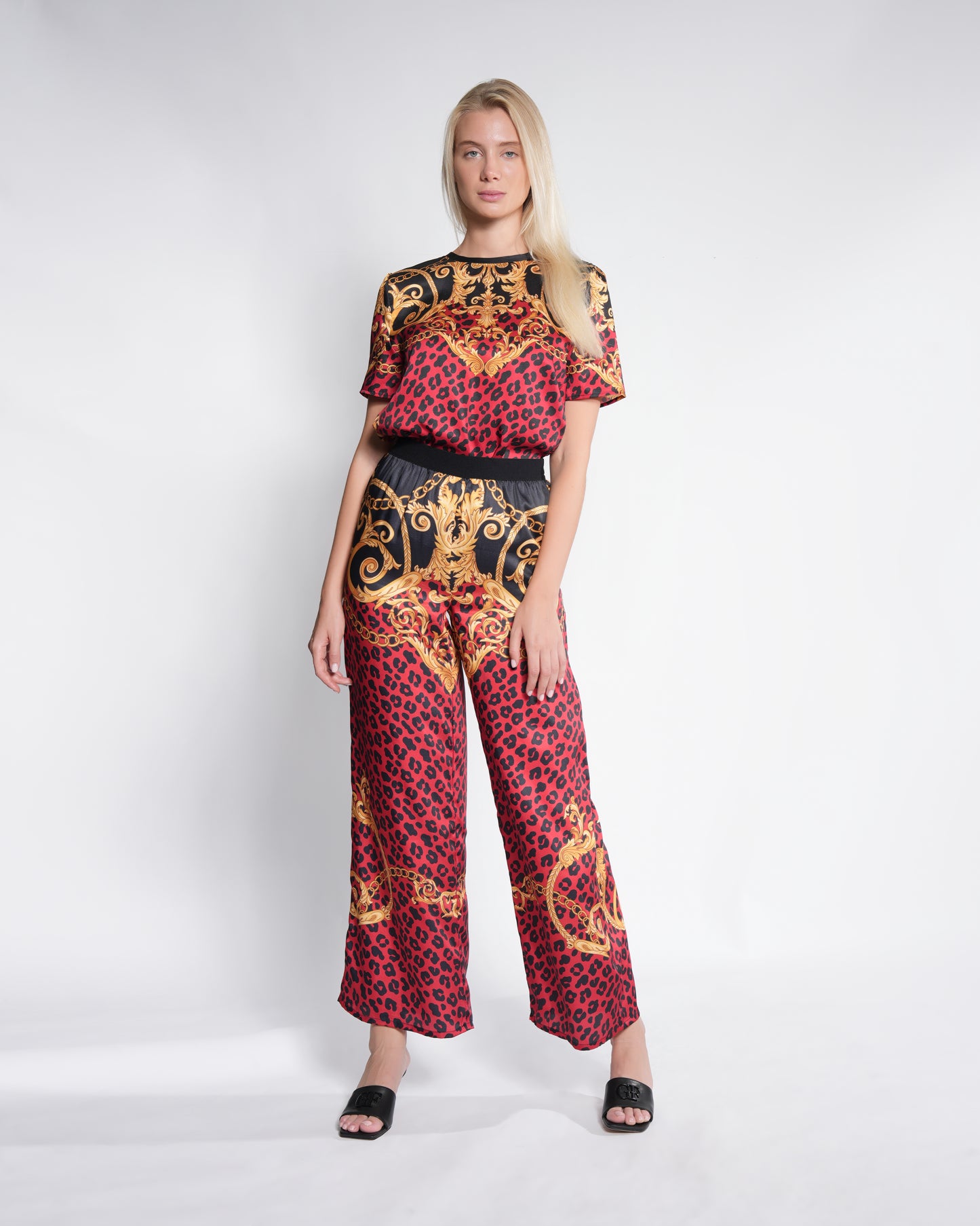 Ladies Trouser Red Print and Gold Details